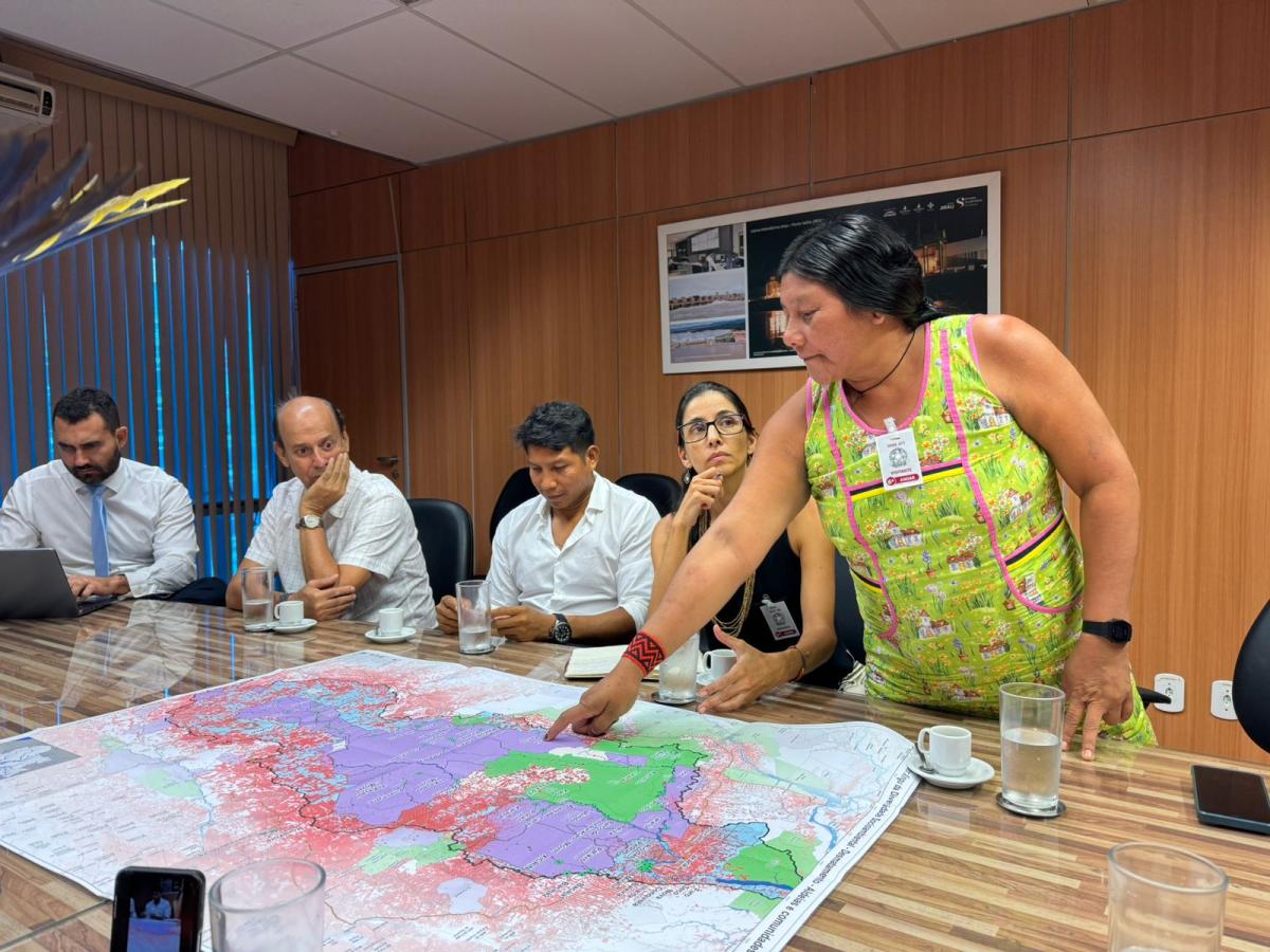 Nhakton Kayapó, vice-presidente da AFP, explicando a importância do acesso à energia fotovoltaica na Terra Indígena Kayapó. Foto: Junio Esllei/Rede Xingu+