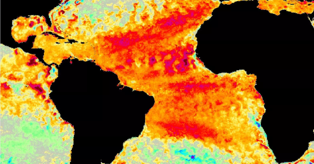 Águas do Oceano Atlântico aquecidas, em março de 2024 | Nasa