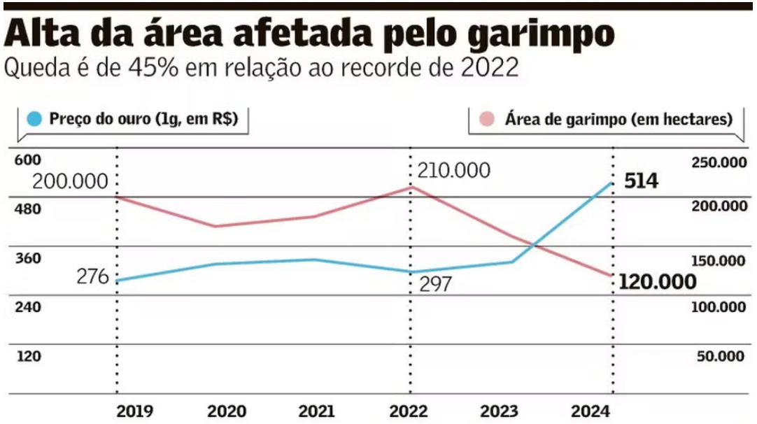 Gráfico mostra a alta da área afetada pelo garimpo