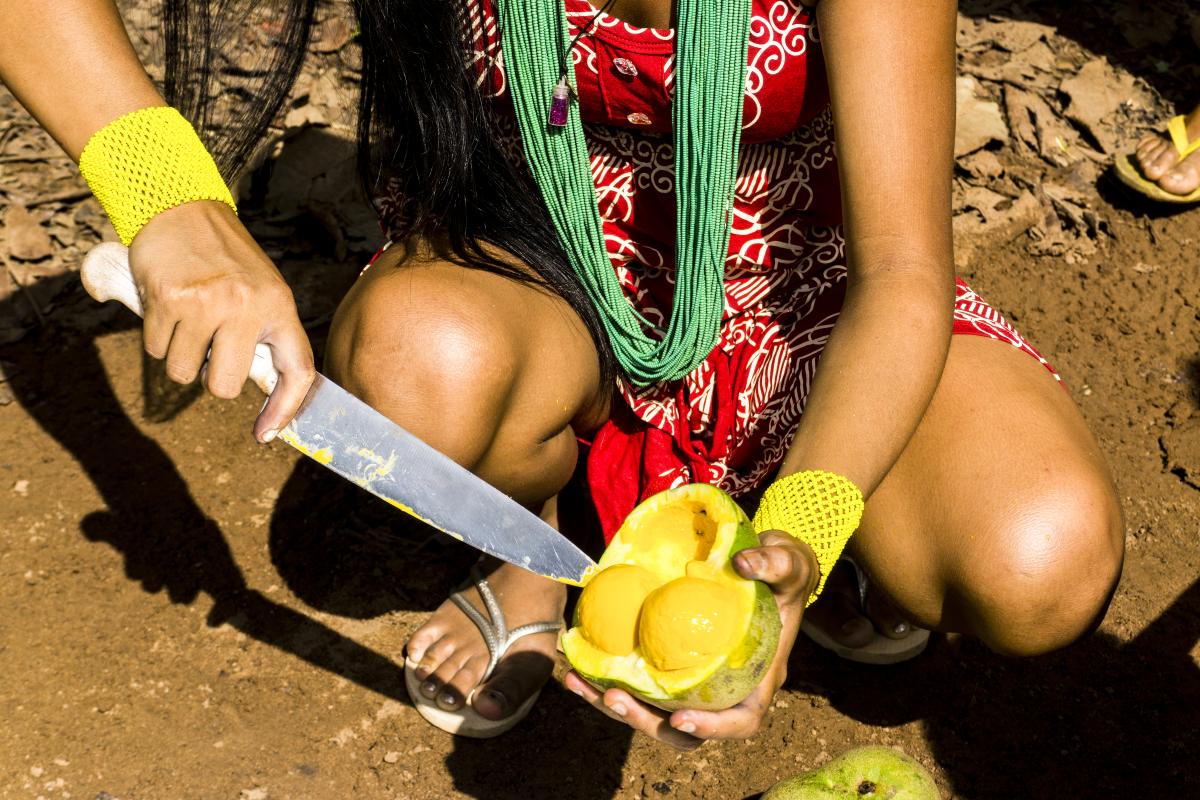 Mulher tirando o pequi da casca