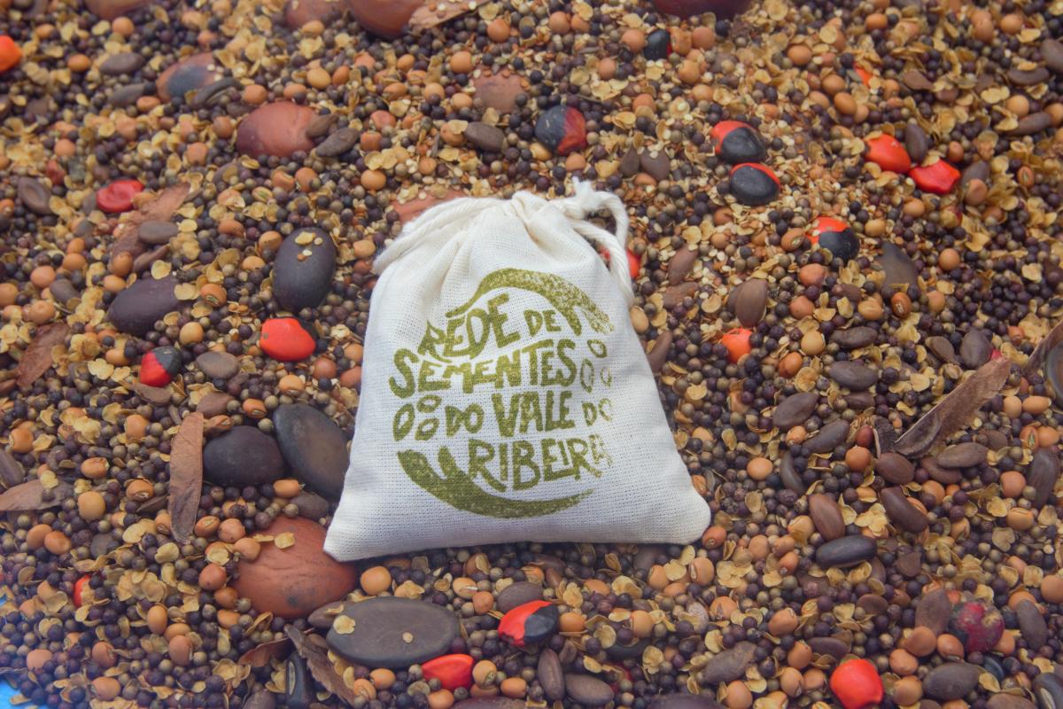 Saquinho com a logomarca da Rede de Sementes do Vale do Ribeira sobre muvuca de sementes