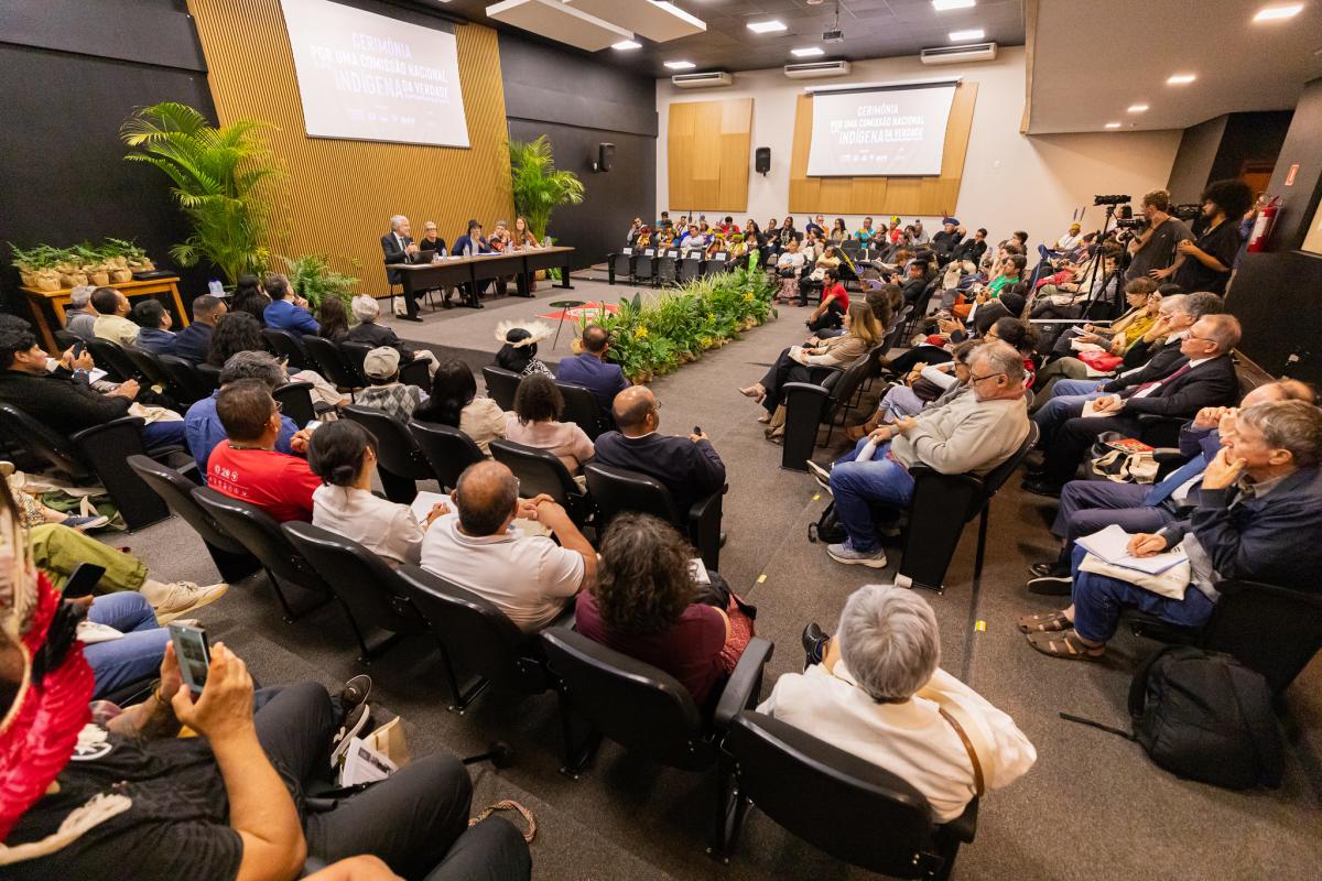 Lideranças indígenas, representantes do governo e integrantes do Fórum Memória, Verdade, Reparação Integral, Não Repetição e Justiça para os Povos Indígenas durante a entrega da minuta de criação da CNIV, em Brasília |  Leobark / Secom / MPF