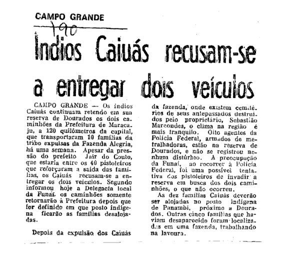 Fac-símile de reportagem do Jornal de Minas sobre a remoção forçada dos Guarani Kaiowá na TI Sucuriy em 1986 / Acervo ISA 